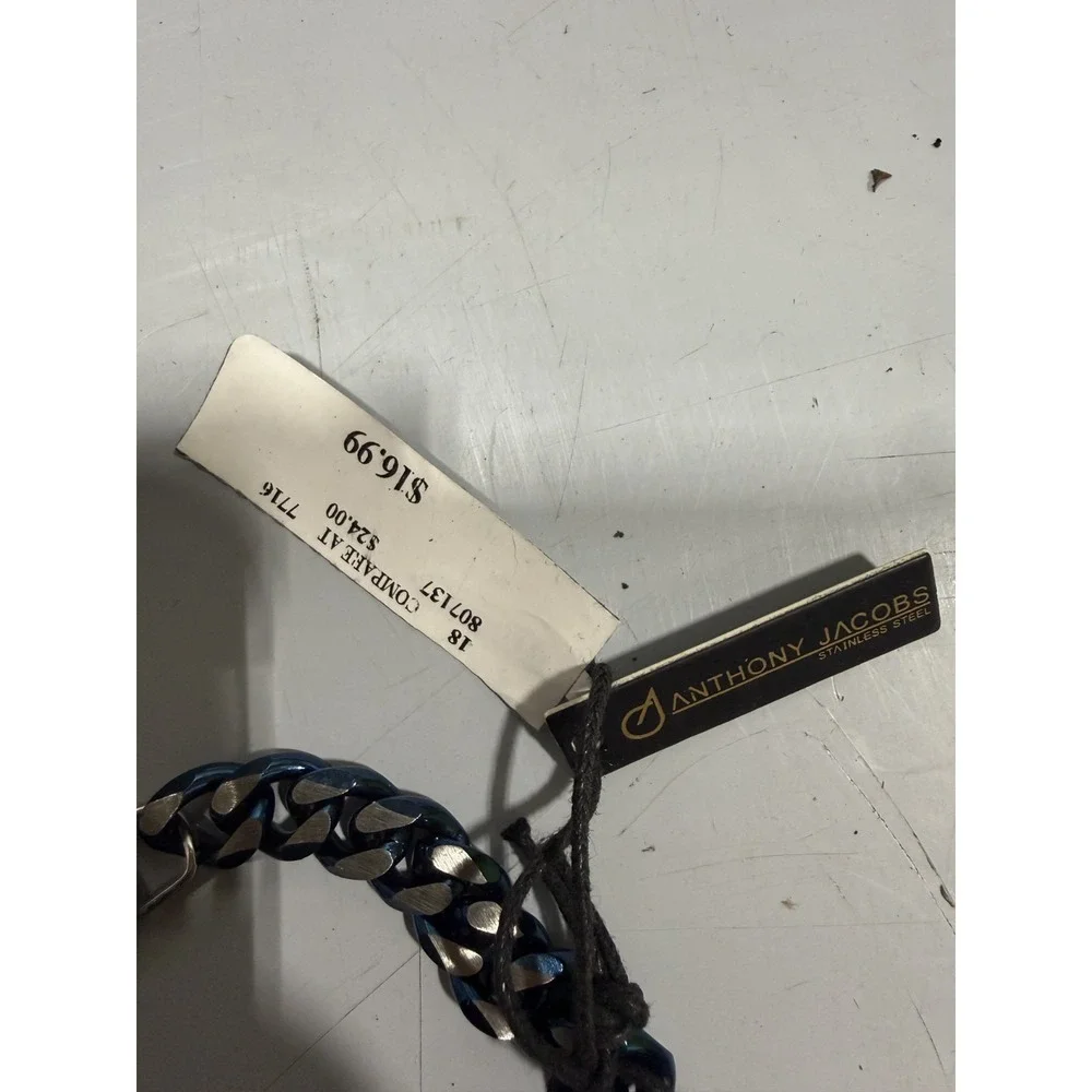 Anthony Jacobs Men's Stainless Steel Cuban Link Necklace Blue/Silver Signed
